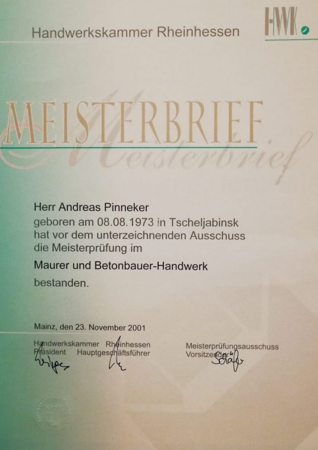 Meisterbrief Andreas Pinneker