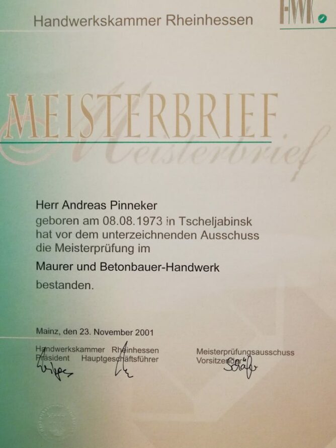 Meisterbrief Andreas Pinneker